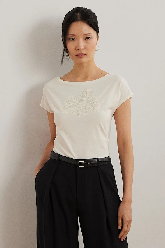 Lauren Ralph Lauren t-shirt bawełniany aplikacja beżowy 200963933