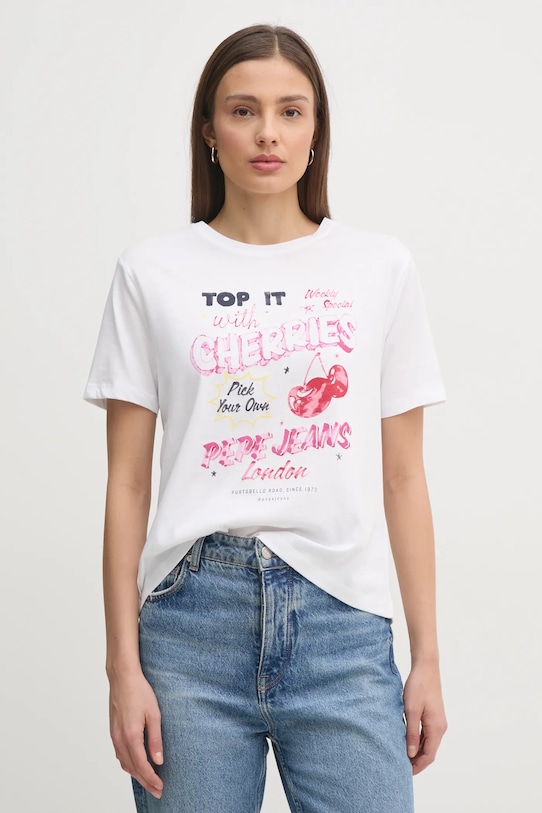 Bombažna kratka majica Pepe Jeans ROXANE Potisk bela PL506045