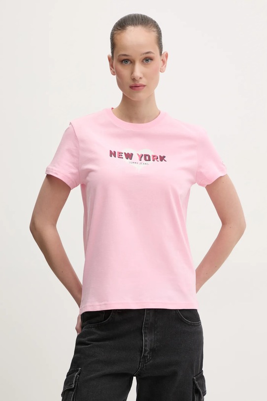 Памучна тениска Tommy Jeans розов DW0DW21769