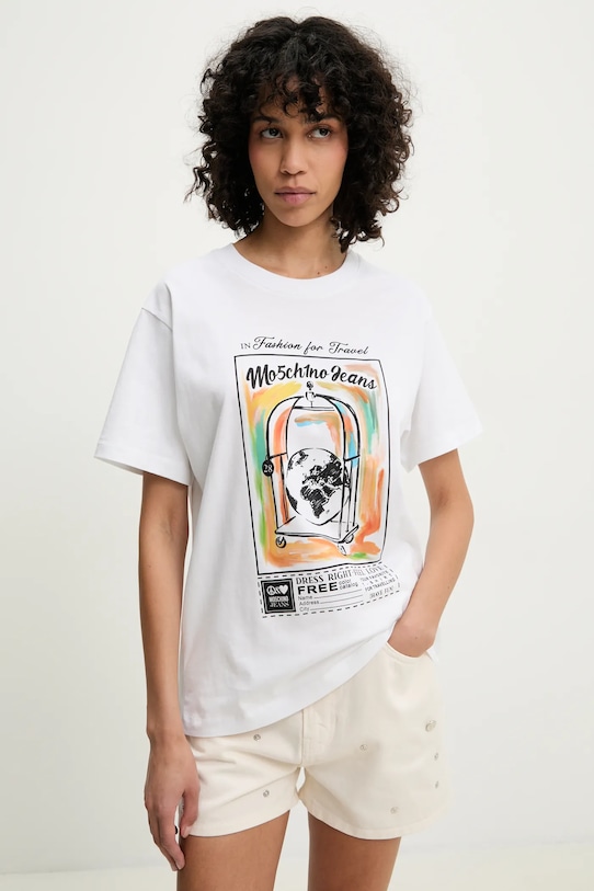 Moschino Jeans t-shirt bawełniany nadruk biały 0716.3732