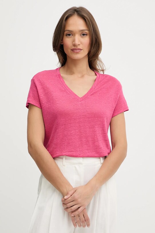 Lanena kratka majica United Colors of Benetton V-izrez roza 37UJD401Q