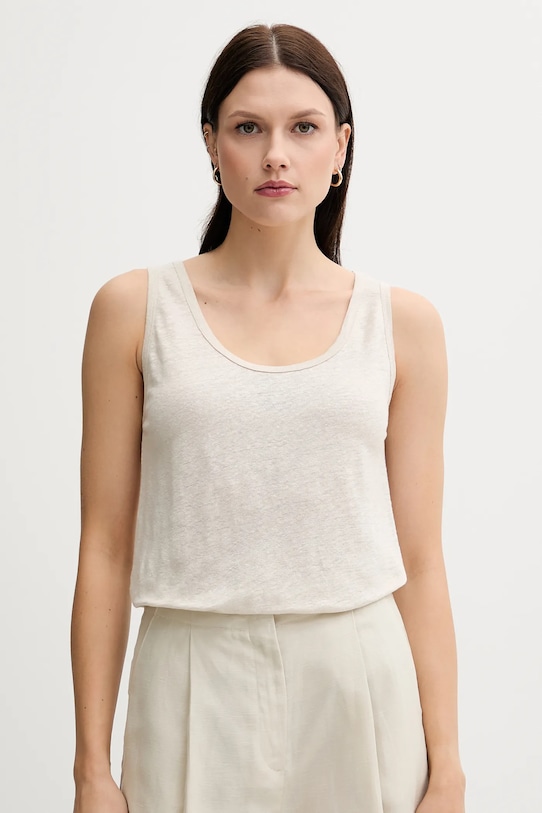 Laneni top United Colors of Benetton bez uzorka bež 37UJE8398