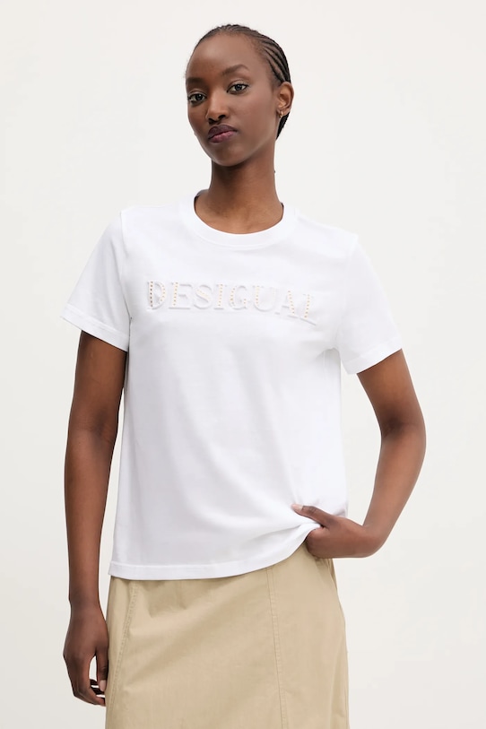 Desigual tricou din bumbac BRANDY imprimeu alb 25SWTK17