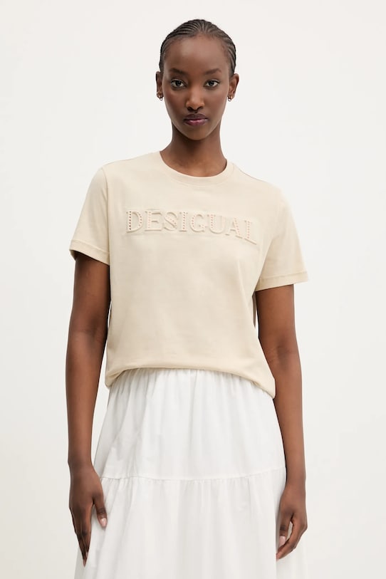Bavlnené tričko Desigual BRANDY nášivka béžová 25SWTK17