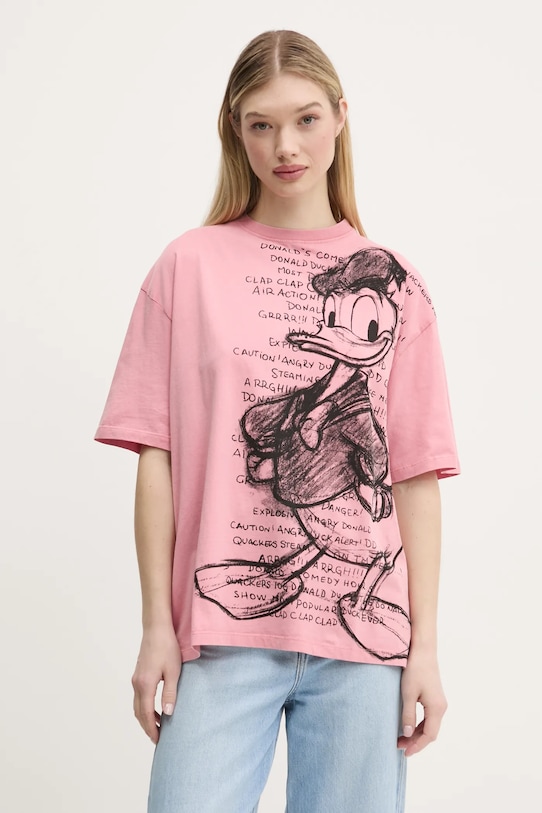 Desigual tricou din bumbac DONALD print roz 25SWTKAH