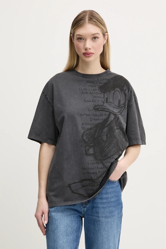 Βαμβακερό μπλουζάκι Desigual DONALD στάμπα γκρί 25SWTKAH