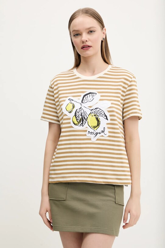 Хлопковая футболка Desigual LEMON полоска бежевый 25SWTKAE