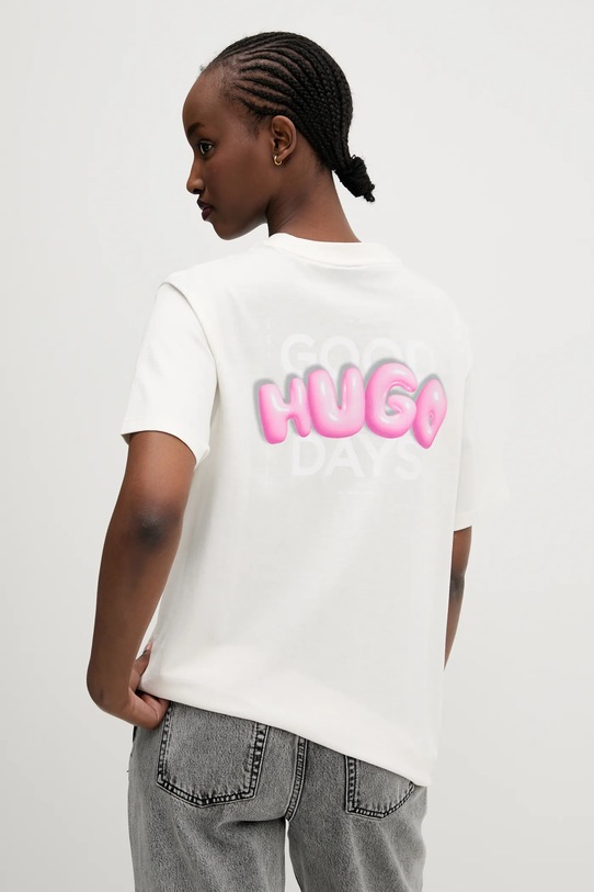 Памучна тениска Hugo Blue свободна бежов 50537239