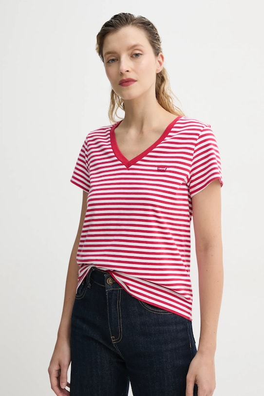 Bavlnené tričko Levi's LSE_PERFECT VNECK pásiky červená A3170
