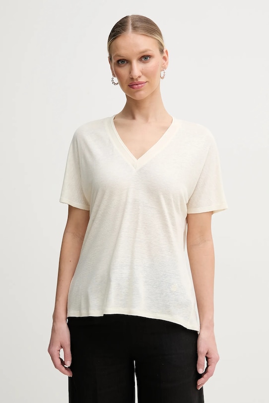 BOSS t-shirt z domieszką lnu szpic beżowy 50537543