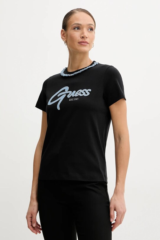 Памучна тениска Guess щампа черен W5GI03.I3Z14