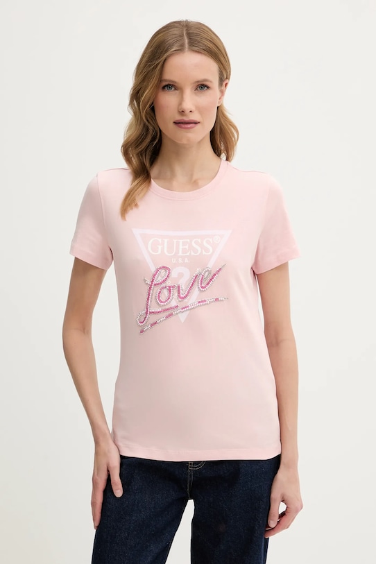 Guess tricou din bumbac imprimeu roz W5GI05.I3Z14