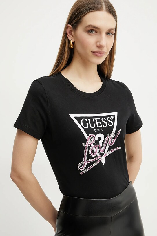 Βαμβακερό μπλουζάκι Guess μαύρο W5GI05.I3Z14