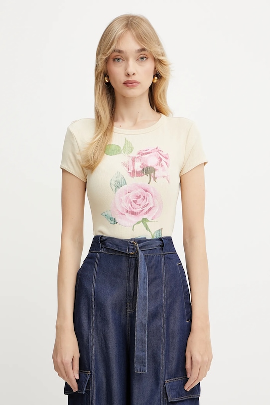 Guess t-shirt ROSE z elastanem beżowy W5GI33.KA0H1