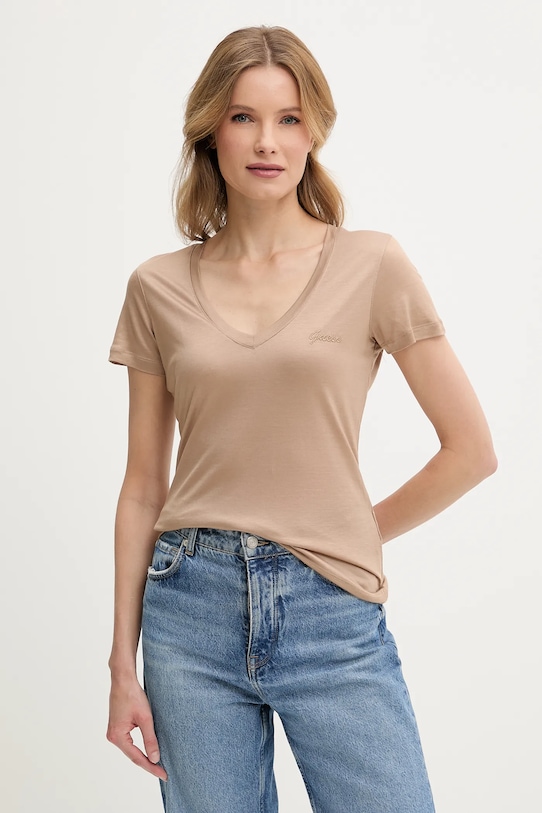 Tričko Guess jednofarebný béžová W5GP31.KCSX2