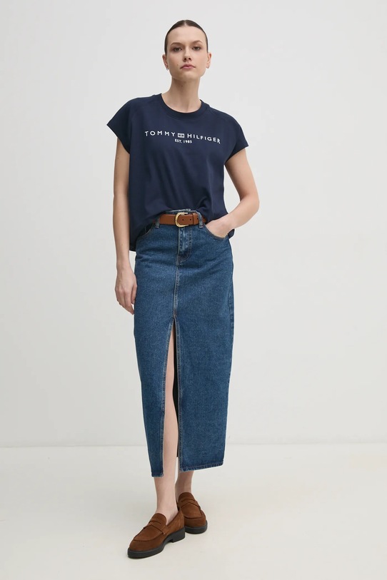 Bavlněné tričko Tommy Hilfiger WW0WW46113 námořnická modř SS25