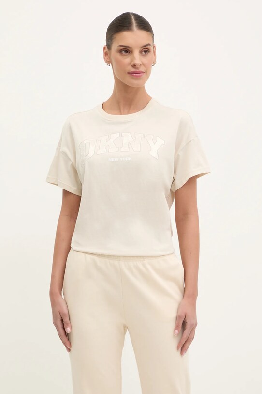 Bombažna kratka majica Dkny Okrogel bež DP5T1224