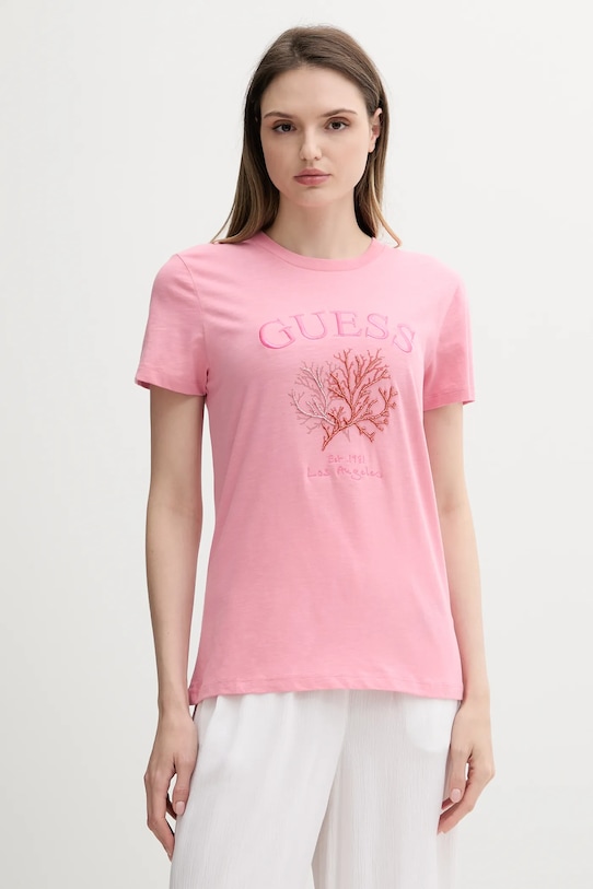 Bavlněné tričko Guess nášivka růžová E5GI03.K8G01