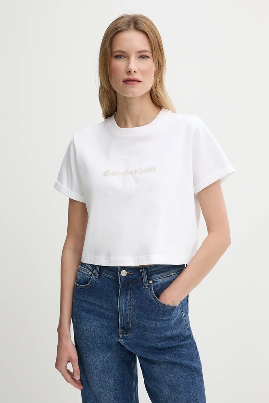 Памучна тениска Calvin Klein Jeans щампа бял LV047AB814