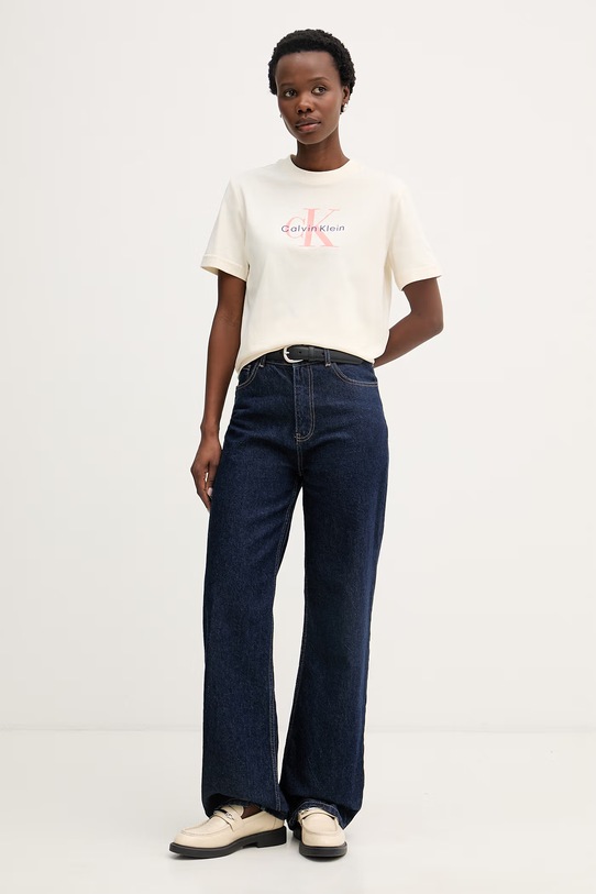 Calvin Klein Jeans t-shirt damski bawełniany LV047B865G beżowy SS26