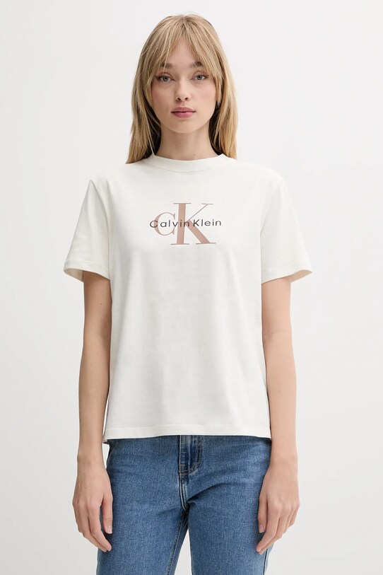 Calvin Klein Jeans t-shirt bawełniany nadruk beżowy LV047B865G
