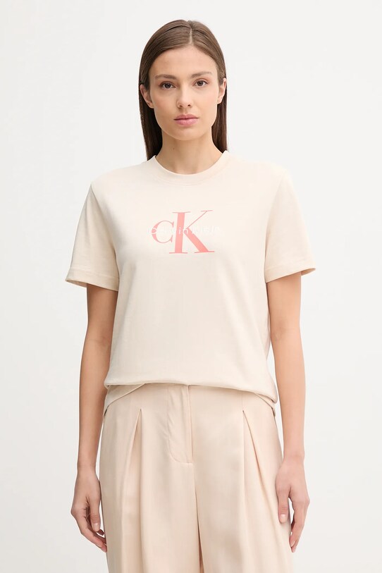 Памучна тениска Calvin Klein Jeans стандартна бежов LV047B865G