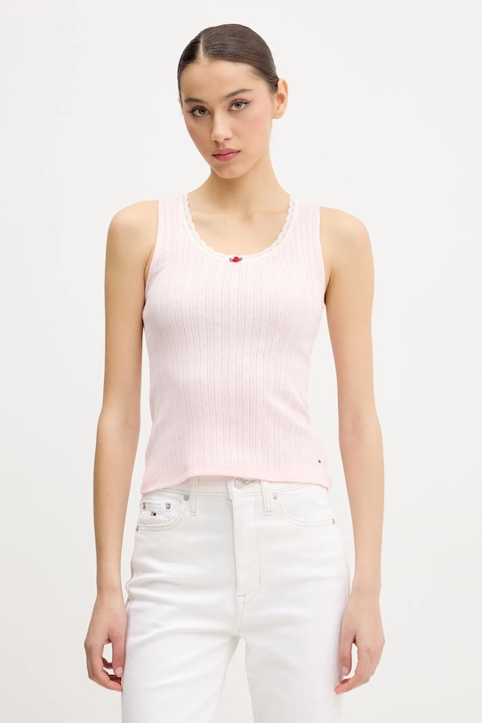 Tommy Jeans top din bumbac uni roz DW0DW20619