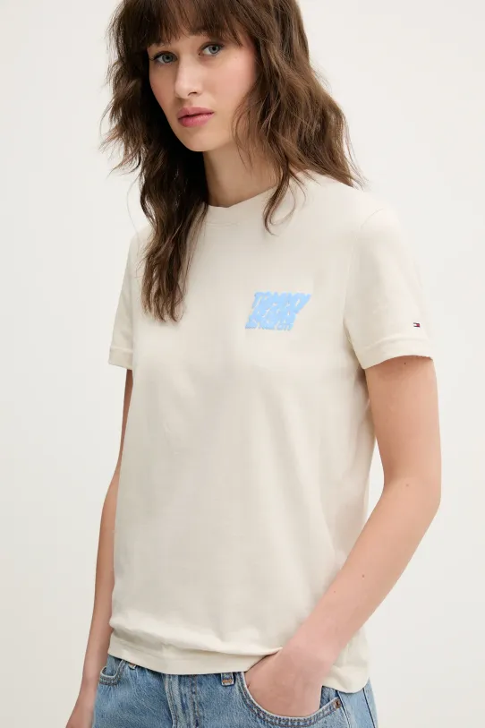 Βαμβακερό μπλουζάκι Tommy Jeans μπεζ DW0DW21338