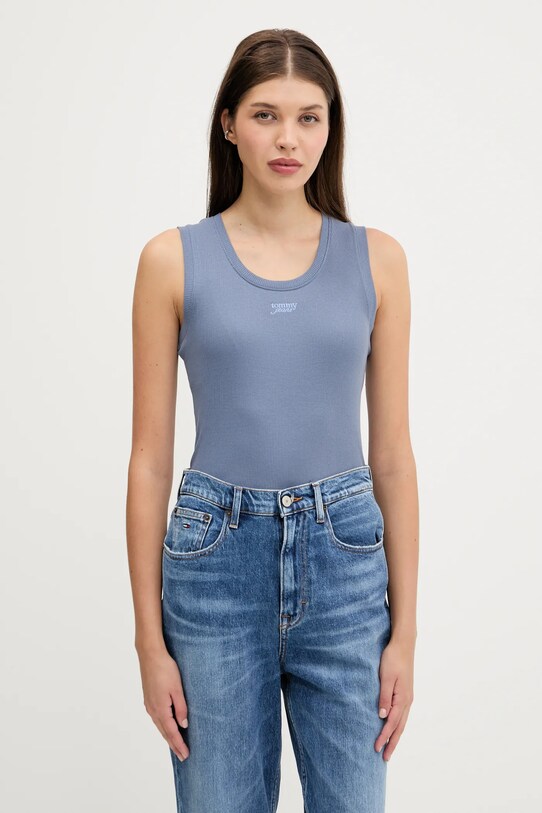 Tommy Jeans top din bumbac uni albastru DW0DW21369