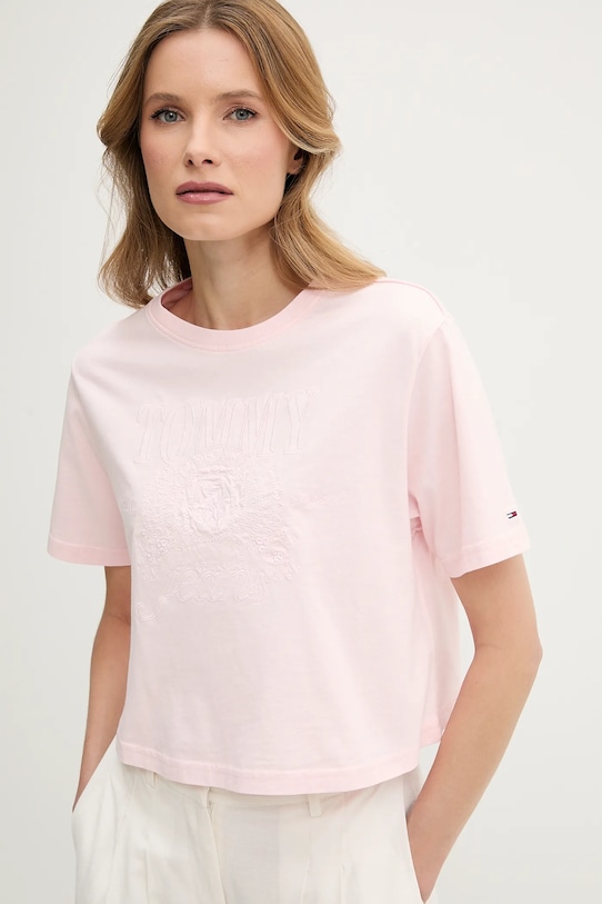 Tommy Jeans tricou din bumbac imprimeu roz DW0DW20326