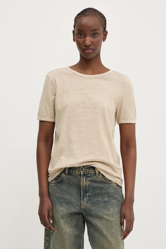 Памучна тениска Tommy Jeans стандартна бежов DW0DW20366