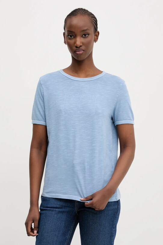 Bavlněné tričko Tommy Jeans potisk modrá DW0DW20366