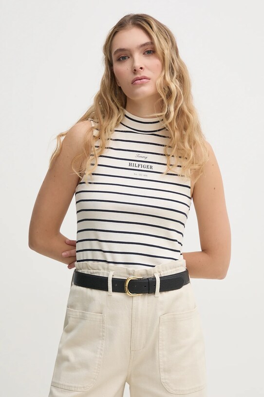 Tommy Hilfiger top bawełniany nadruk beżowy WW0WW44573