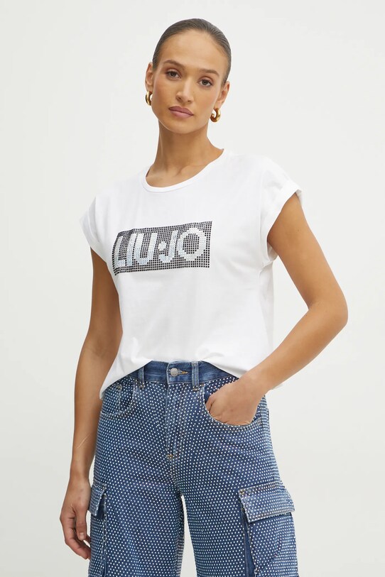 Bavlněné tričko Liu Jo nášivka bílá VA5151.JS923