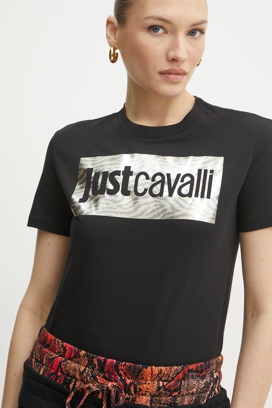 Just Cavalli t-shirt bawełniany nadruk czarny 78PAHT15.CJ500