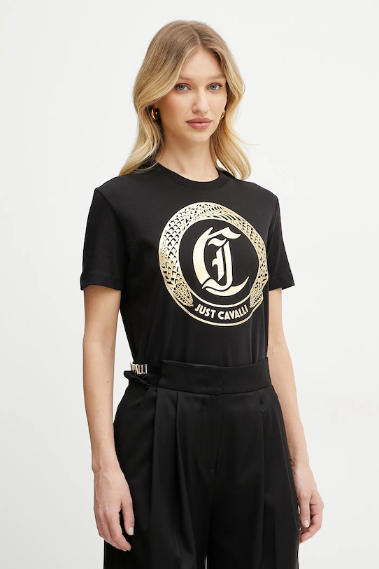 Just Cavalli t-shirt in cotone sovrastampa nero 78PAHT01.CJ500
