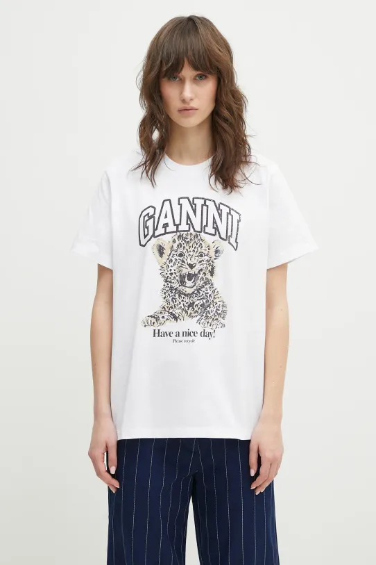 GANNI cotton t-shirt Basic Jersey Leopard Relaxed relaxed white T4124