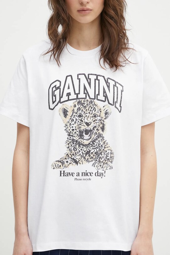 Βαμβακερό μπλουζάκι GANNI Basic Jersey Leopard Relaxed λευκό T4124