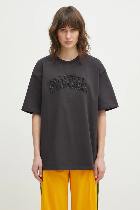 GANNI cotton t-shirt Heavy Cotton Drop Shoulder applique gray T4095