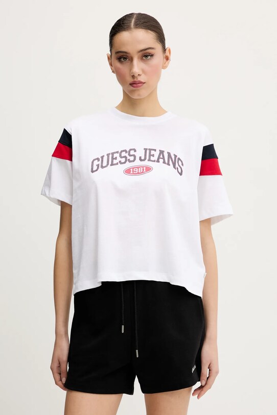 Bavlněné tričko Guess Jeans kulatý bílá W5GI21.K8HM0