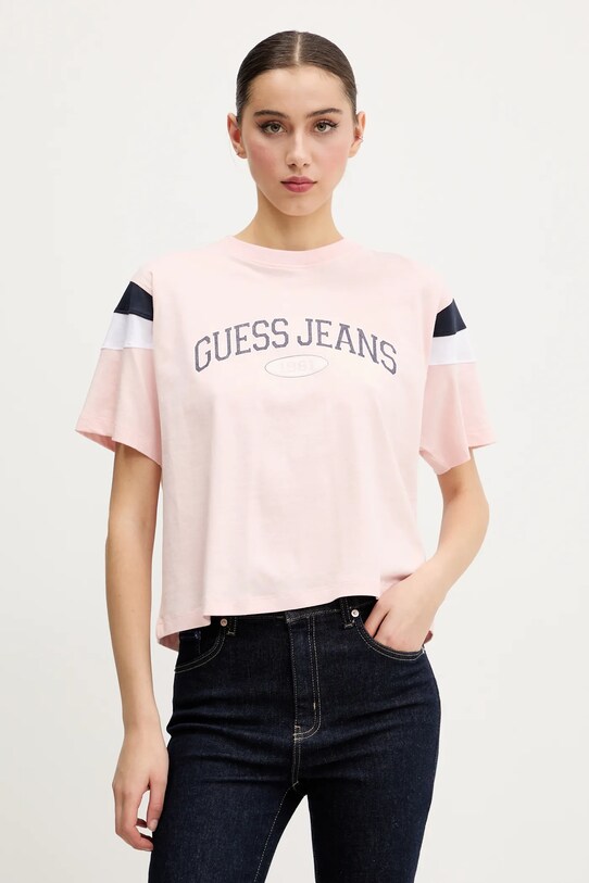 Bavlněné tričko Guess Jeans kulatý růžová W5GI21.K8HM0