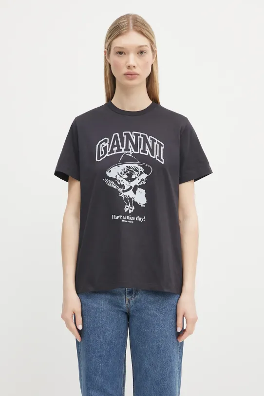 Памучна тениска GANNI Basic Cotton Witch Relaxed свободна сив T4138