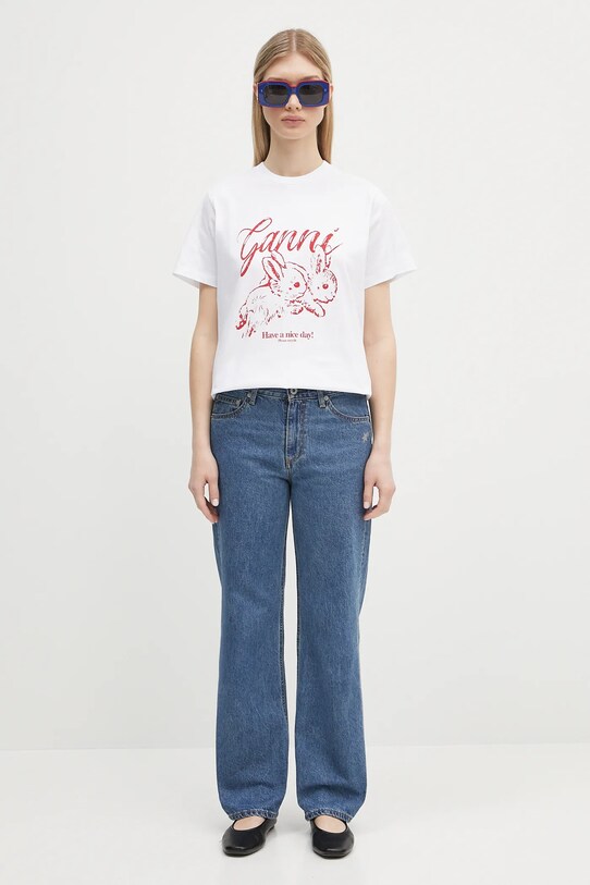 GANNI tricou din bumbac Basic Jersey Bunnies Relaxed T3994 alb