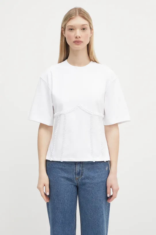 Памучна тениска GANNI Heavy Cotton Tie Back Waisted свободна бял T4149