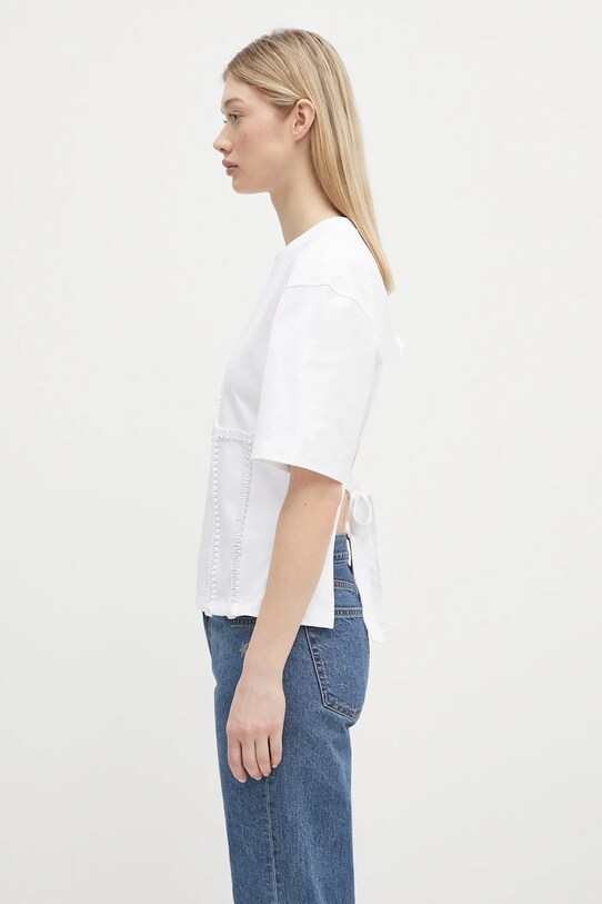 GANNI tricou din bumbac Heavy Cotton Tie Back Waisted T4149 alb SS25