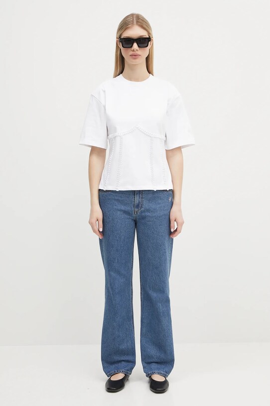 GANNI tricou din bumbac Heavy Cotton Tie Back Waisted T4149 alb