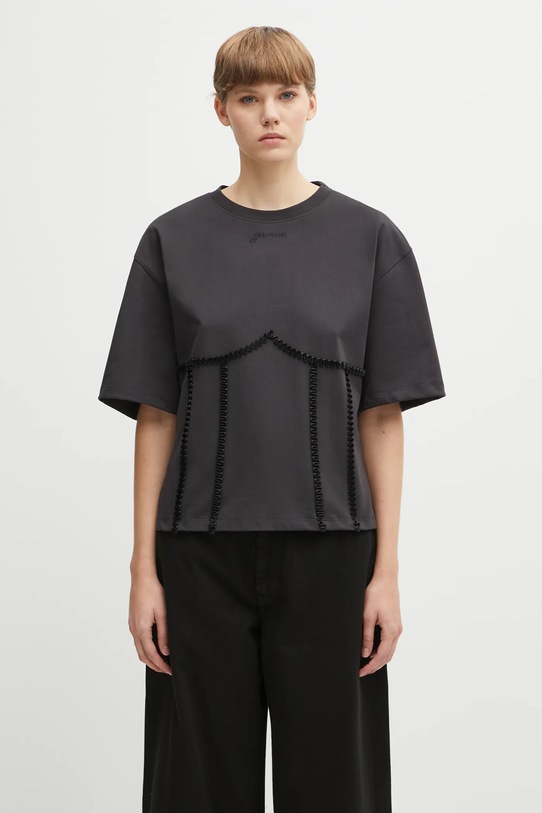 Bavlněné tričko GANNI Heavy Cotton Tie Back Waisted relaxed šedá T4179