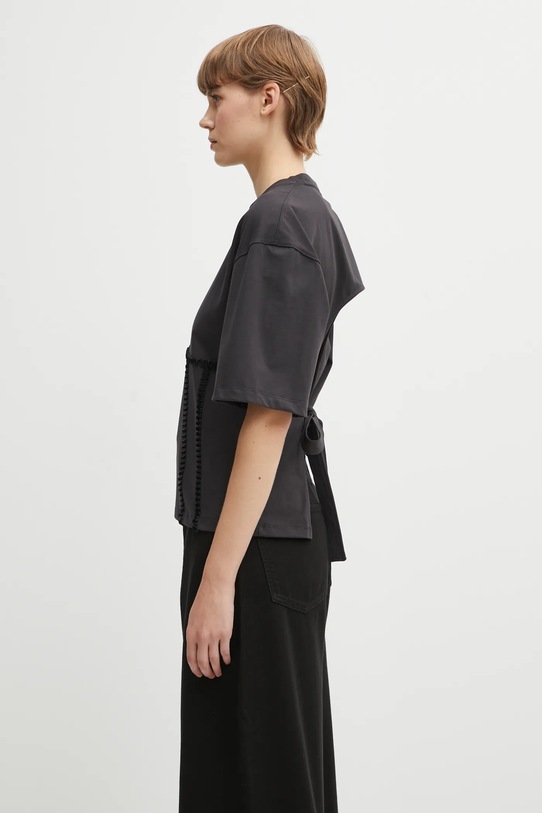 Bavlněné tričko GANNI Heavy Cotton Tie Back Waisted T4179 šedá SS25