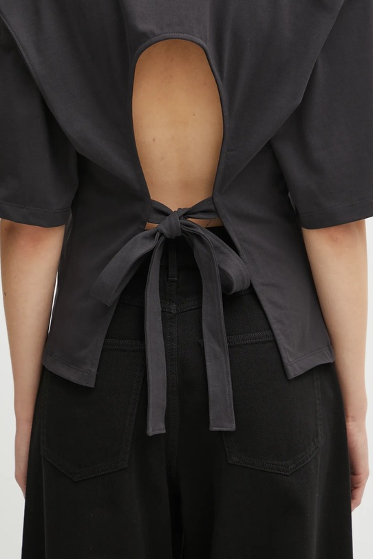 Bavlněné tričko GANNI Heavy Cotton Tie Back Waisted T4179 šedá