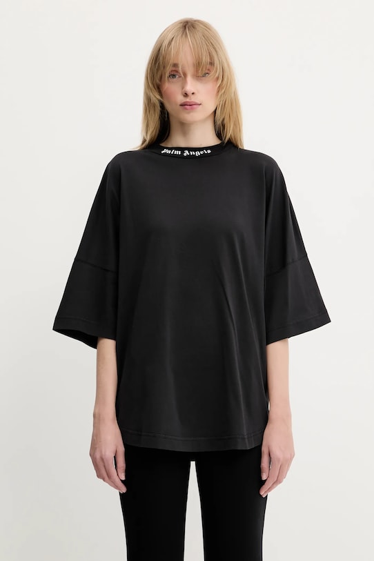 Palm Angels tricou din bumbac Back Curved Logo Loose print negru PWAA023S25JER0041001
